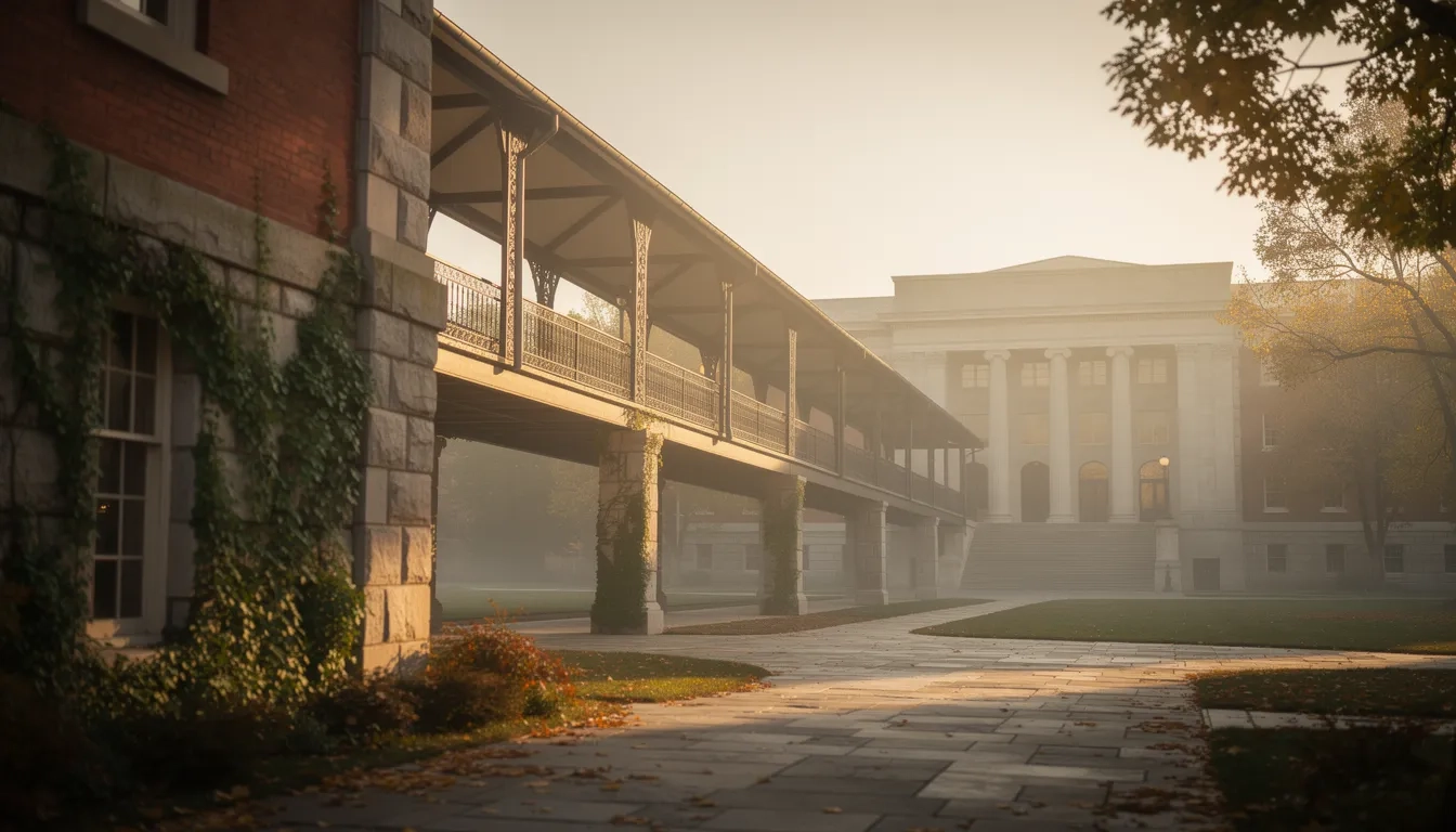 Stone walkway bridging two academic buildings symbolizing a guaranteed transfer pathway