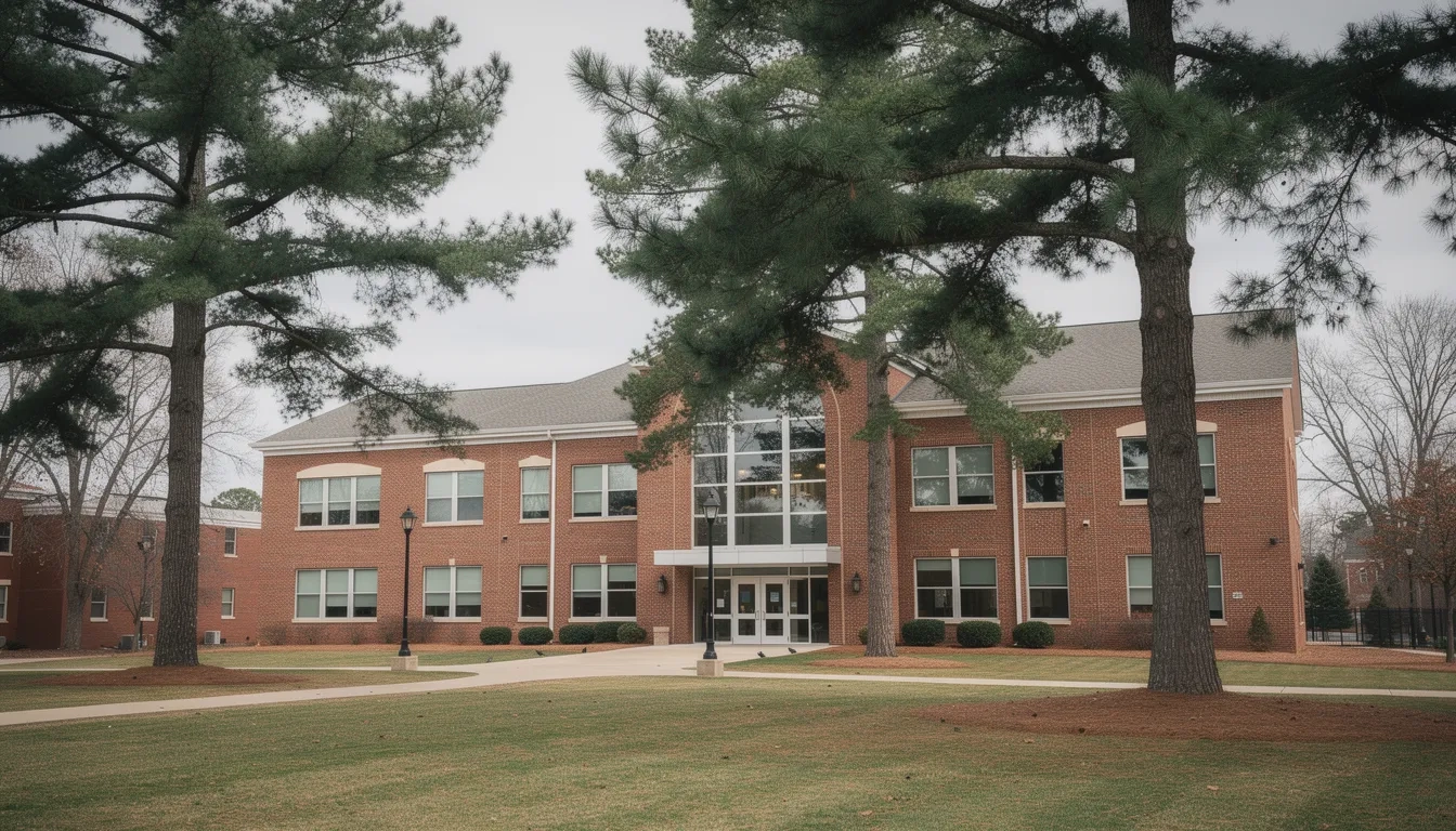 A brick community college building surrounded by pine trees