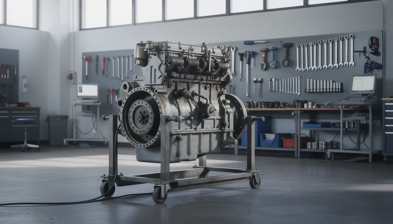 Diesel technology workshop with a truck engine on a repair stand