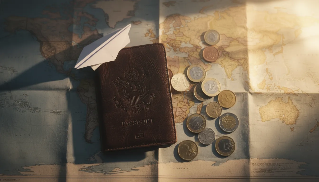 Passport, coins, and a folded world map arranged to represent budgeting for study abroad