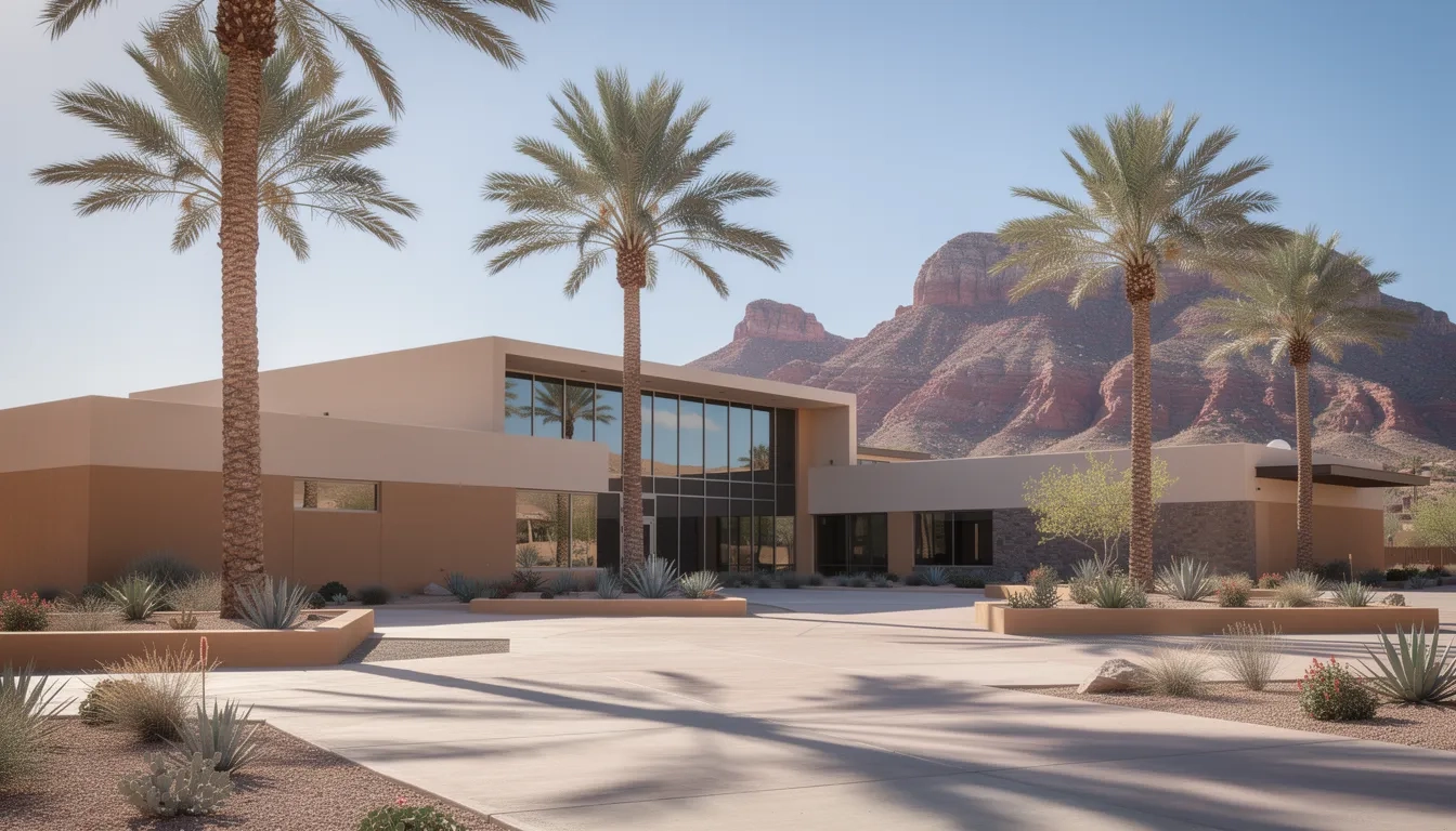 A desert-modern community college campus with palm trees