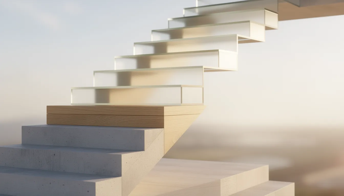 A staircase of varying materials ascending into golden light, symbolizing stackable credentials building toward a larger goal.