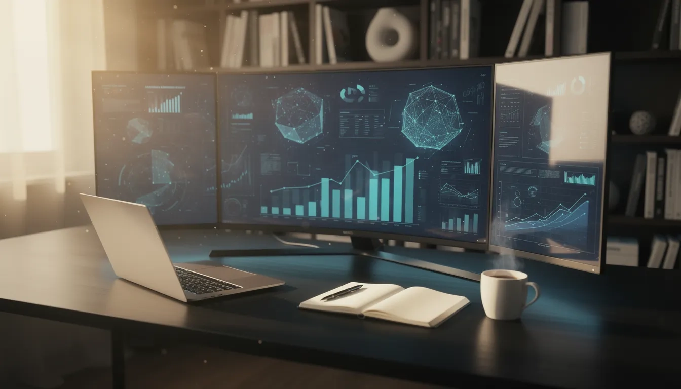 Modern workspace with glowing data analytics dashboards on a monitor