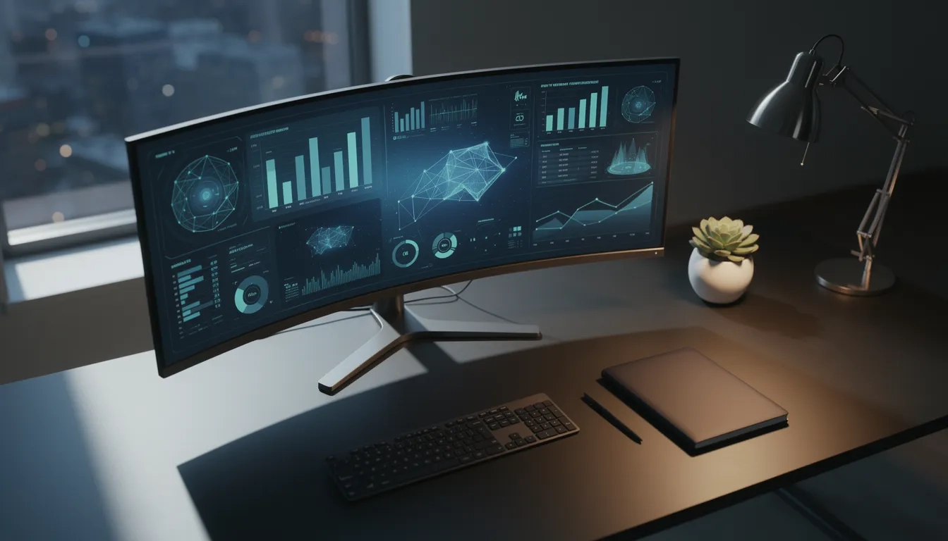 Modern workspace with glowing data analytics dashboards on a curved monitor