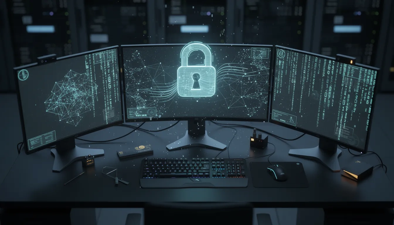 Digital command center with glowing network security visuals and a holographic padlock