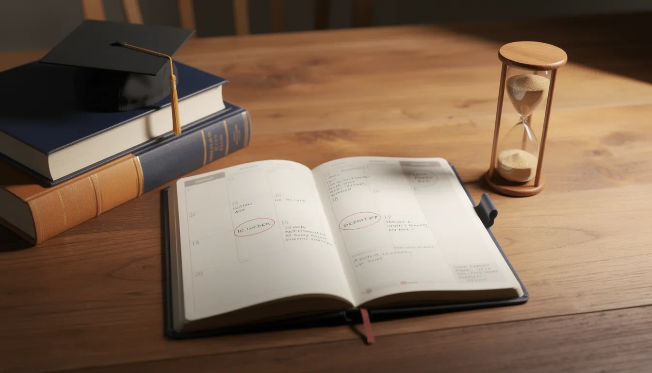 Planner, hourglass, and graduation cap representing education degree completion timelines