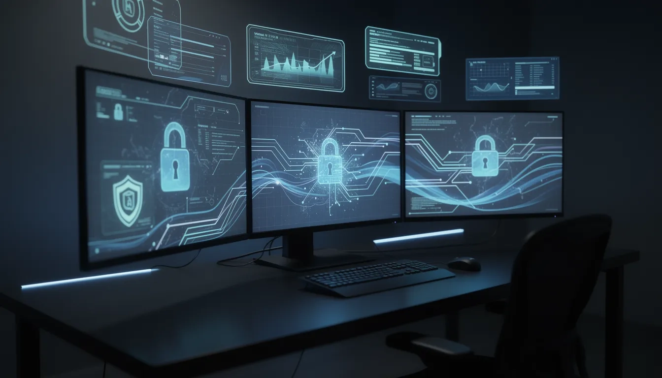 Dark tech workspace with glowing cybersecurity network visualizations on multiple monitors