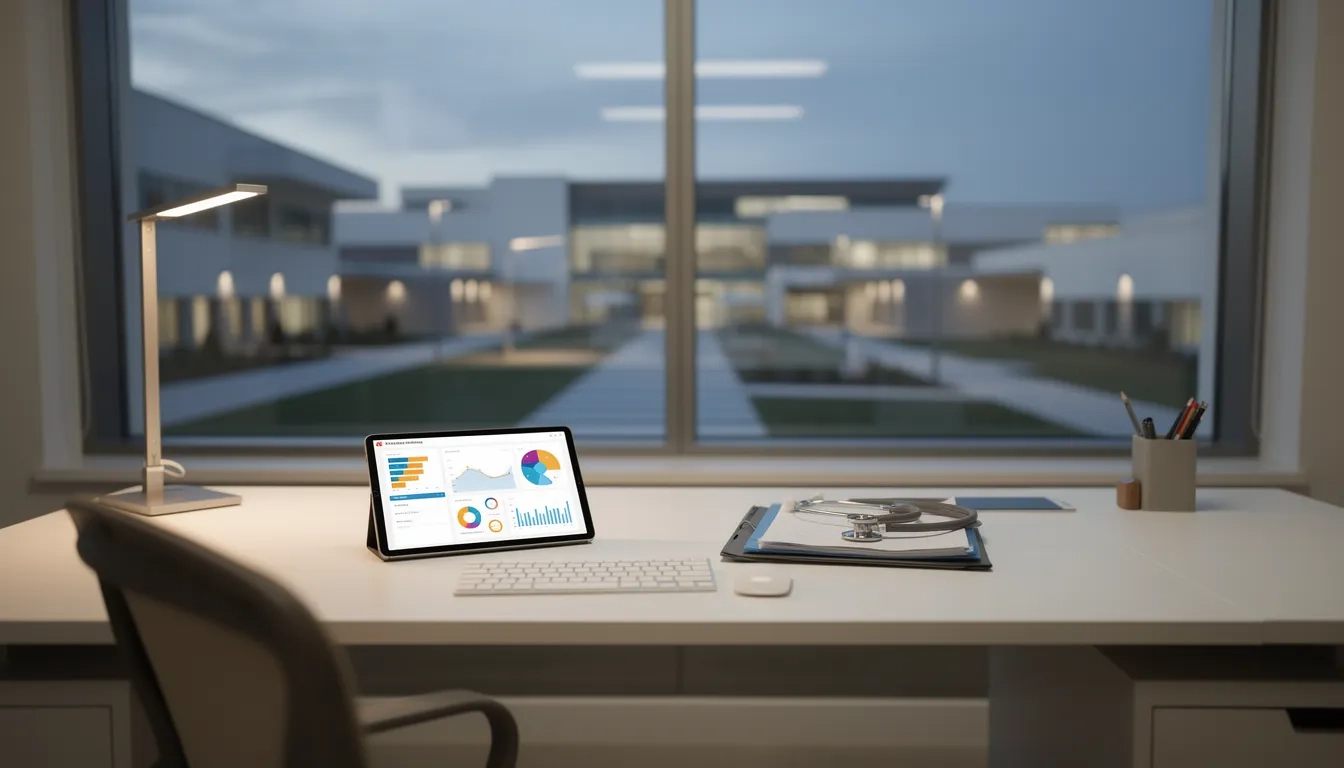 Modern healthcare administration office overlooking a hospital campus at dusk