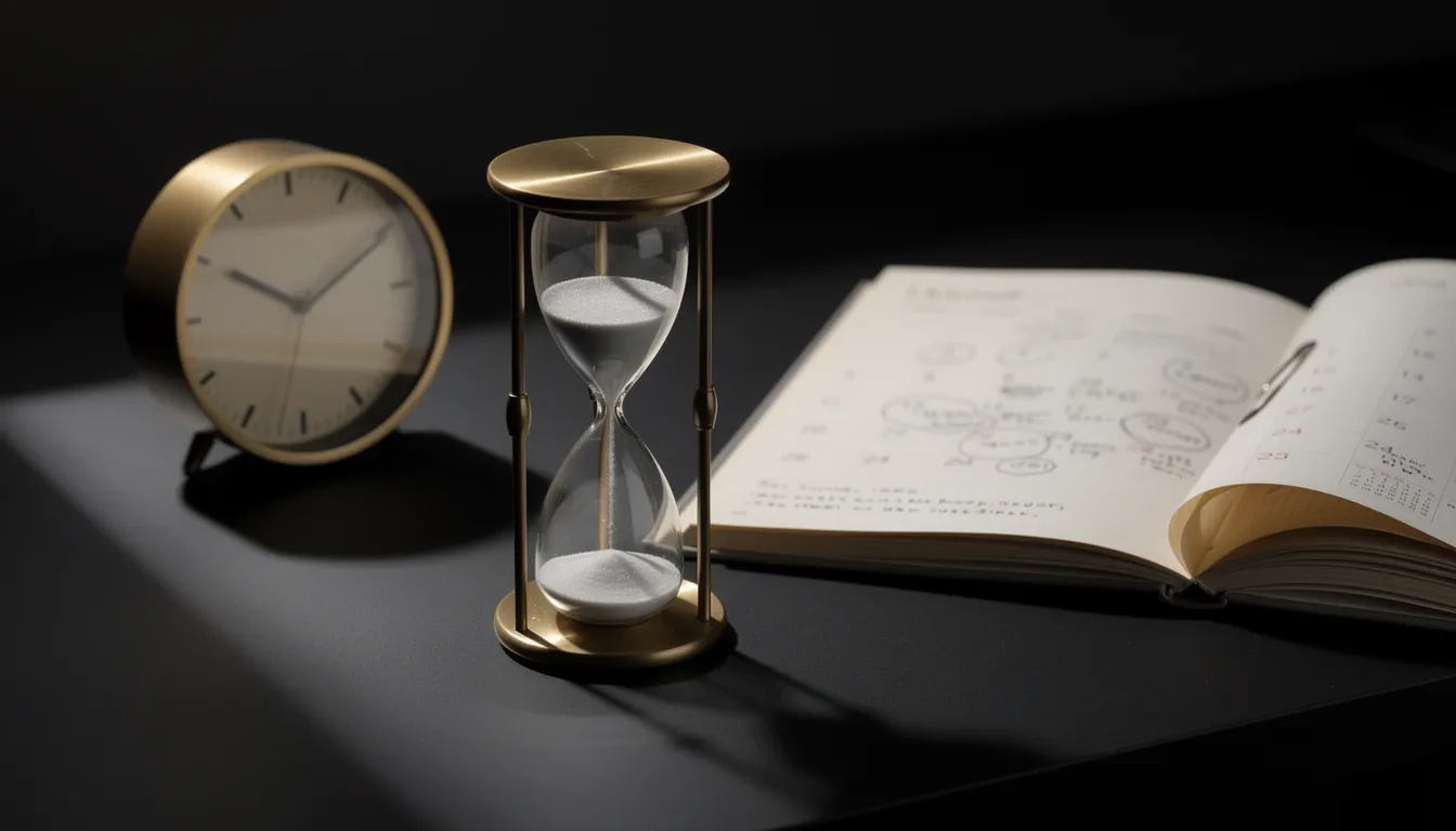 Hourglass, calendar, and clock representing degree completion timelines