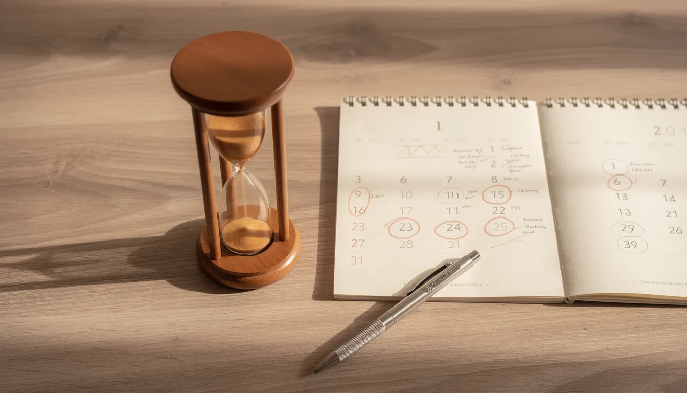 Hourglass beside a calendar representing degree completion timelines