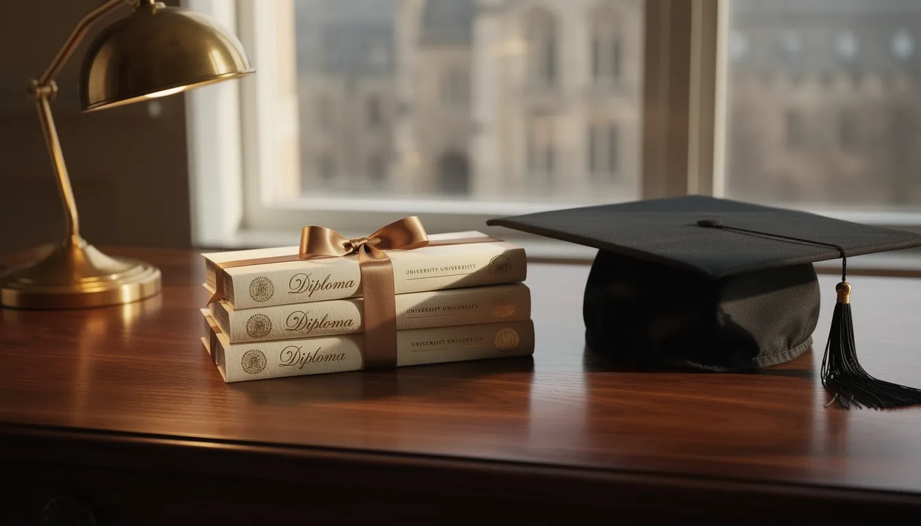 Stack of diploma certificates and academic cap on a desk symbolizing accredited business degree programs