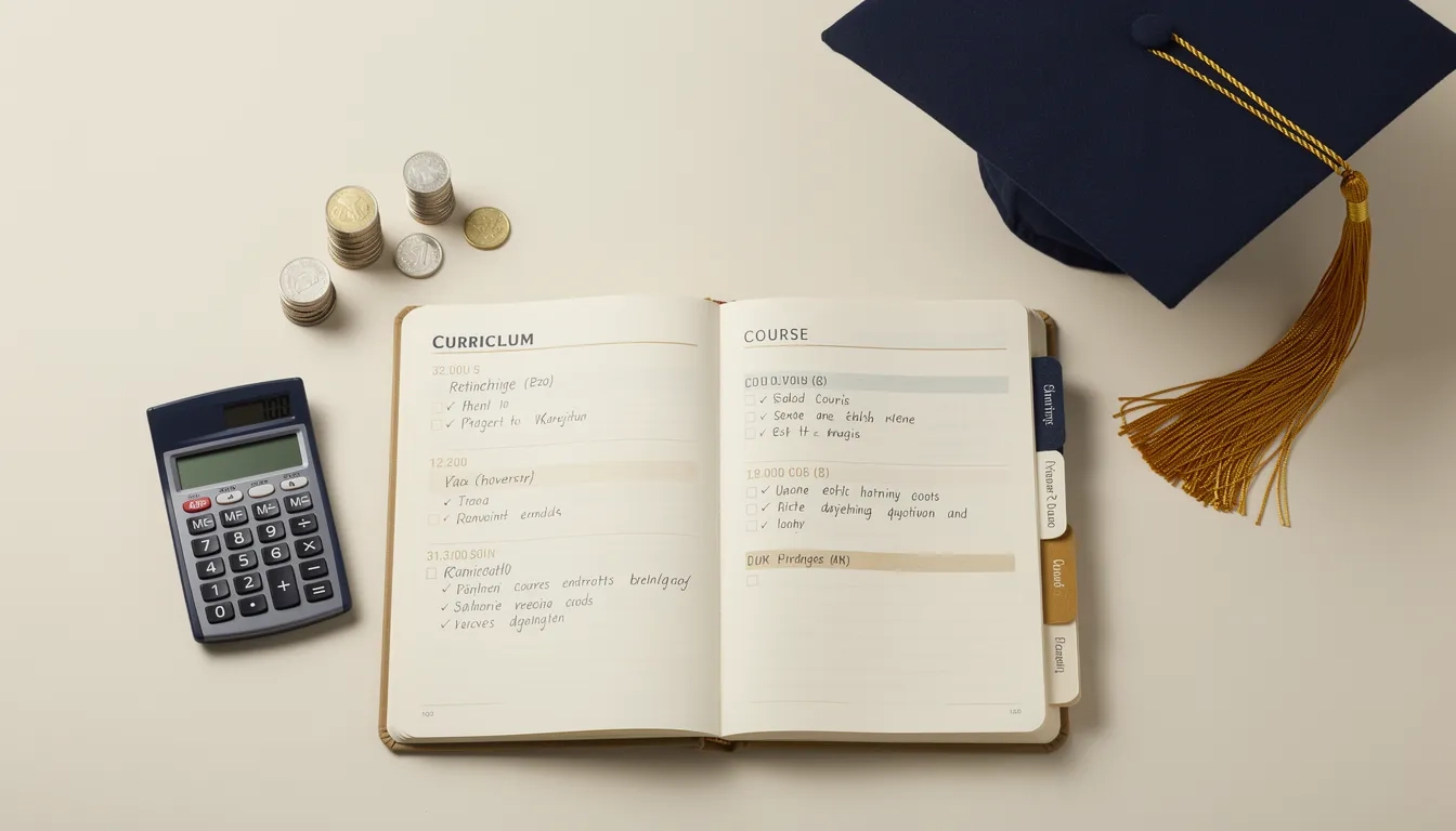 Graduation cap and curriculum planning materials representing education master's cost and coursework