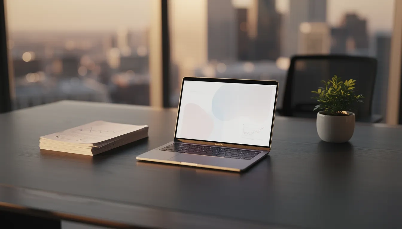 Modern office desk with laptop and documents bathed in warm golden light, symbolizing career growth in business administration