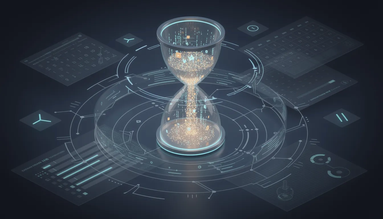 Glowing hourglass with digital data stream symbolizing the timeline of an online data analytics degree