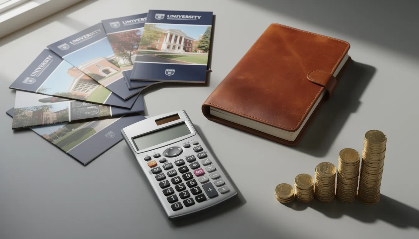 Flat-lay of tuition planning materials and coin stacks for graduate marketing degree budgeting