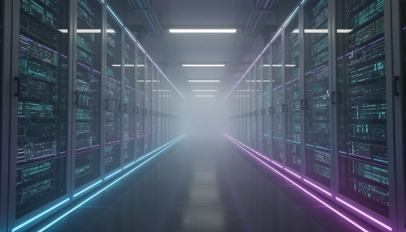 Illuminated server racks in a modern data center corridor