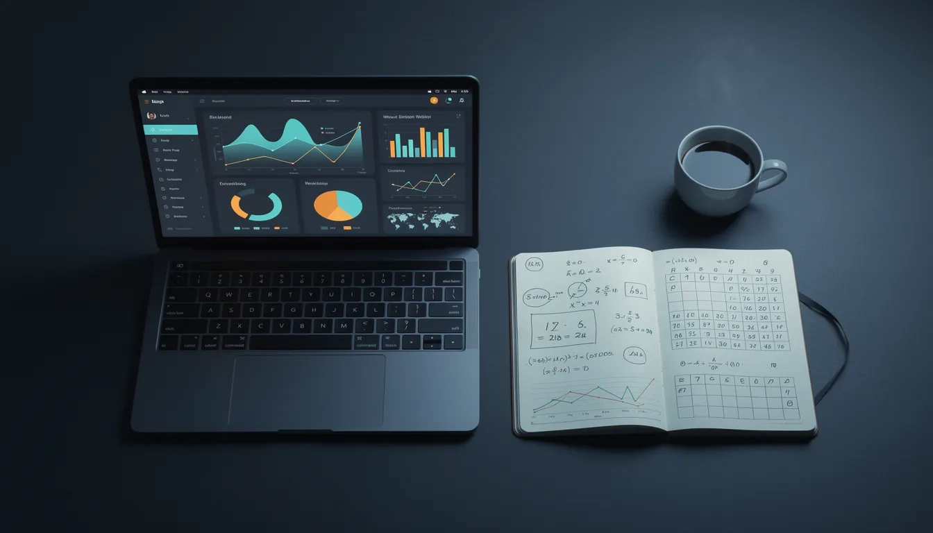 Laptop showing data analytics dashboards beside a notebook with formulas