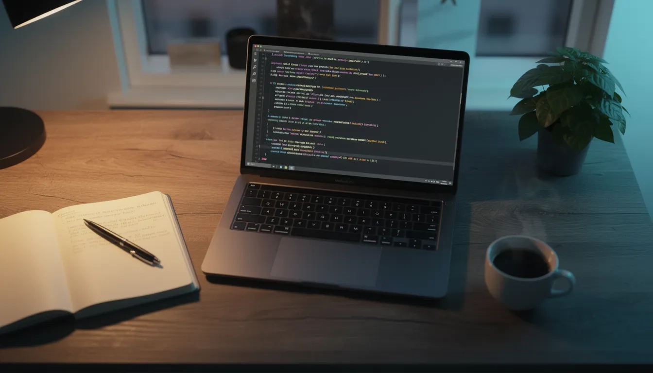 Laptop displaying code on a softly lit study desk, representing online computer science education