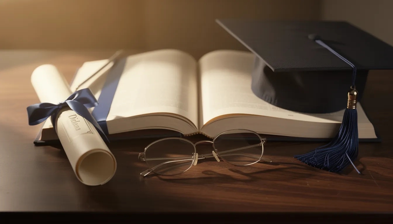 Graduation cap and open book on a desk symbolizing online psychology degree programs