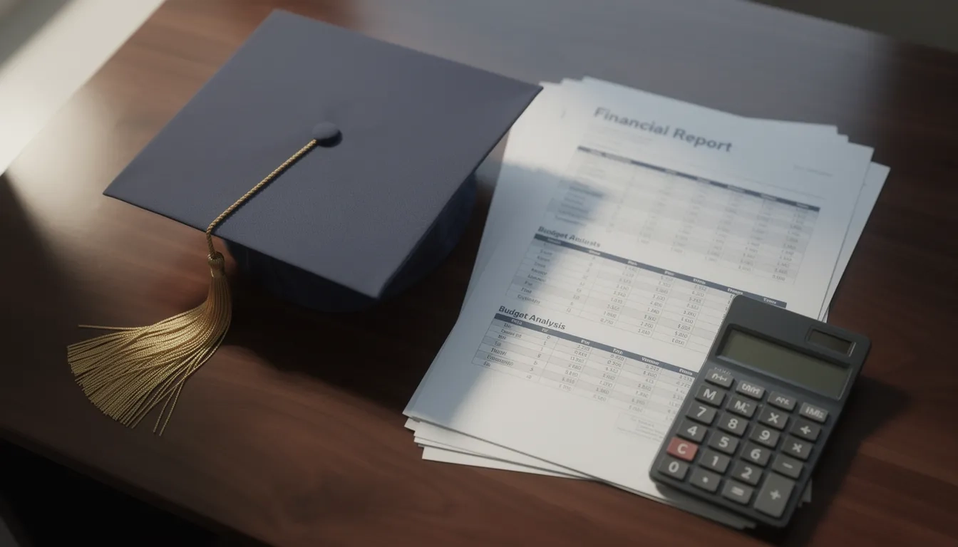 Graduation cap and financial documents symbolizing the cost of an online MBA