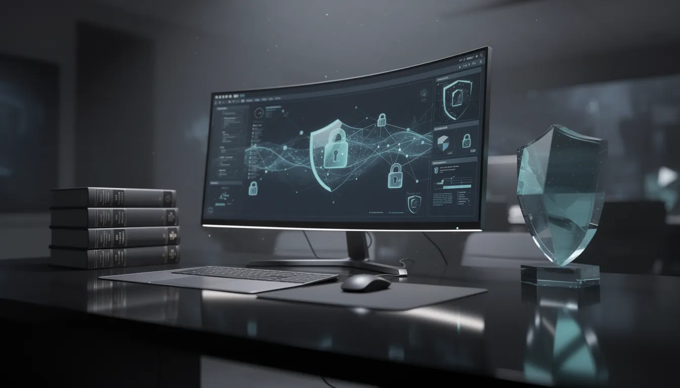 Glowing digital security shield and network diagrams on a monitor representing cybersecurity education