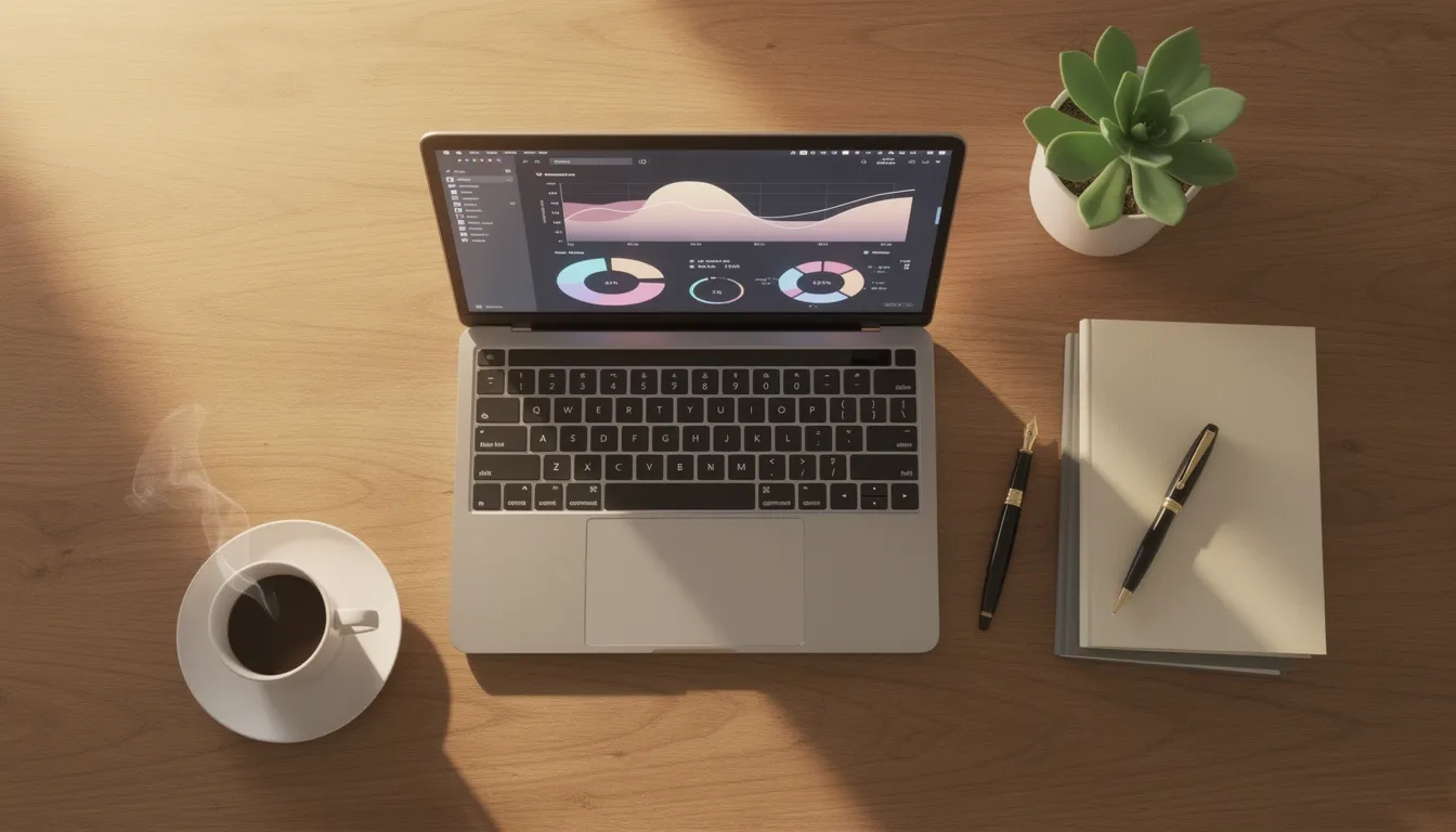 Minimalist home study desk with laptop, notebooks, and coffee in warm golden light