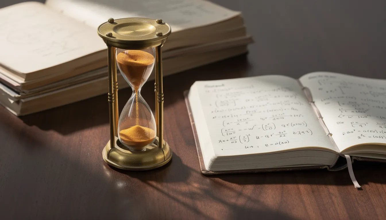 Hourglass and academic papers symbolizing the timeline of completing an online computer science degree