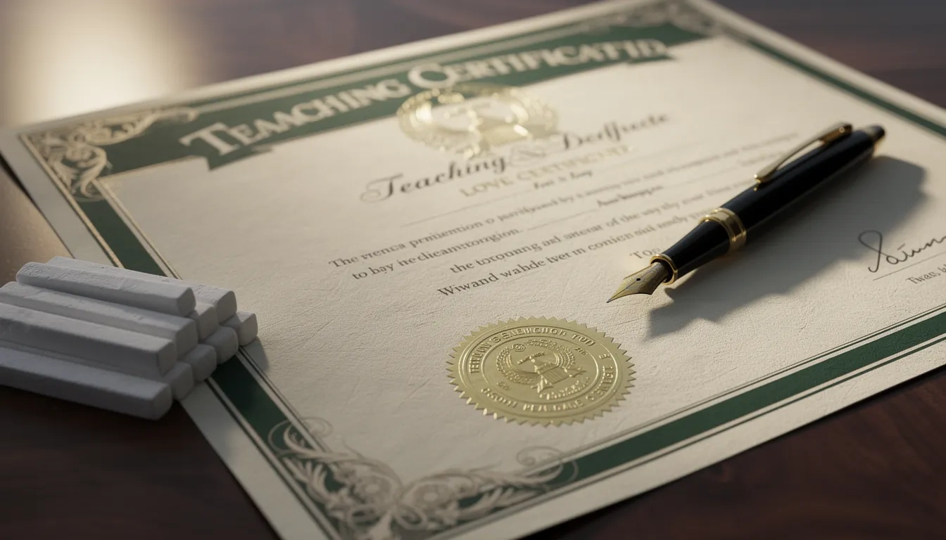 Teaching certification seal and document representing accredited education programs
