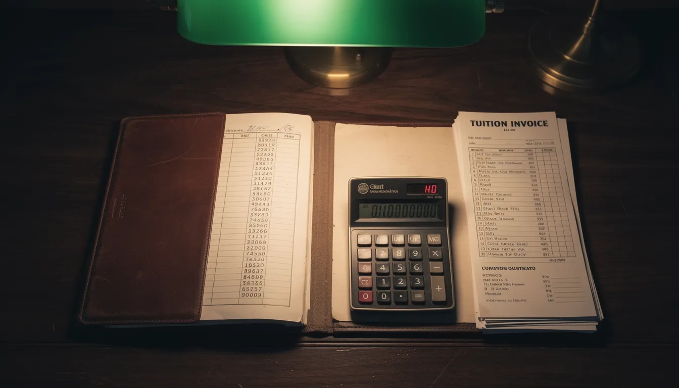 Ledger book and calculator representing accounting graduate program costs