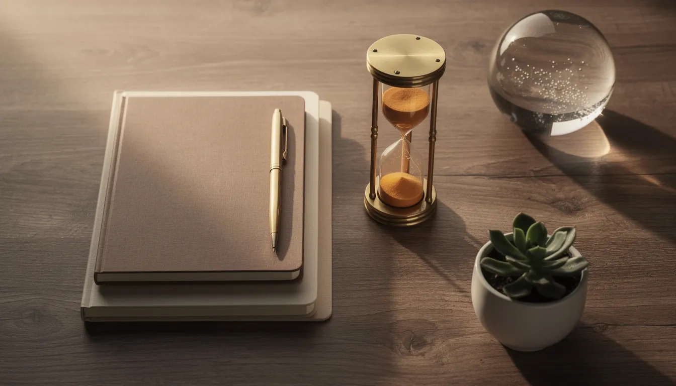 Desk scene with hourglass and notebooks symbolizing degree timeline planning