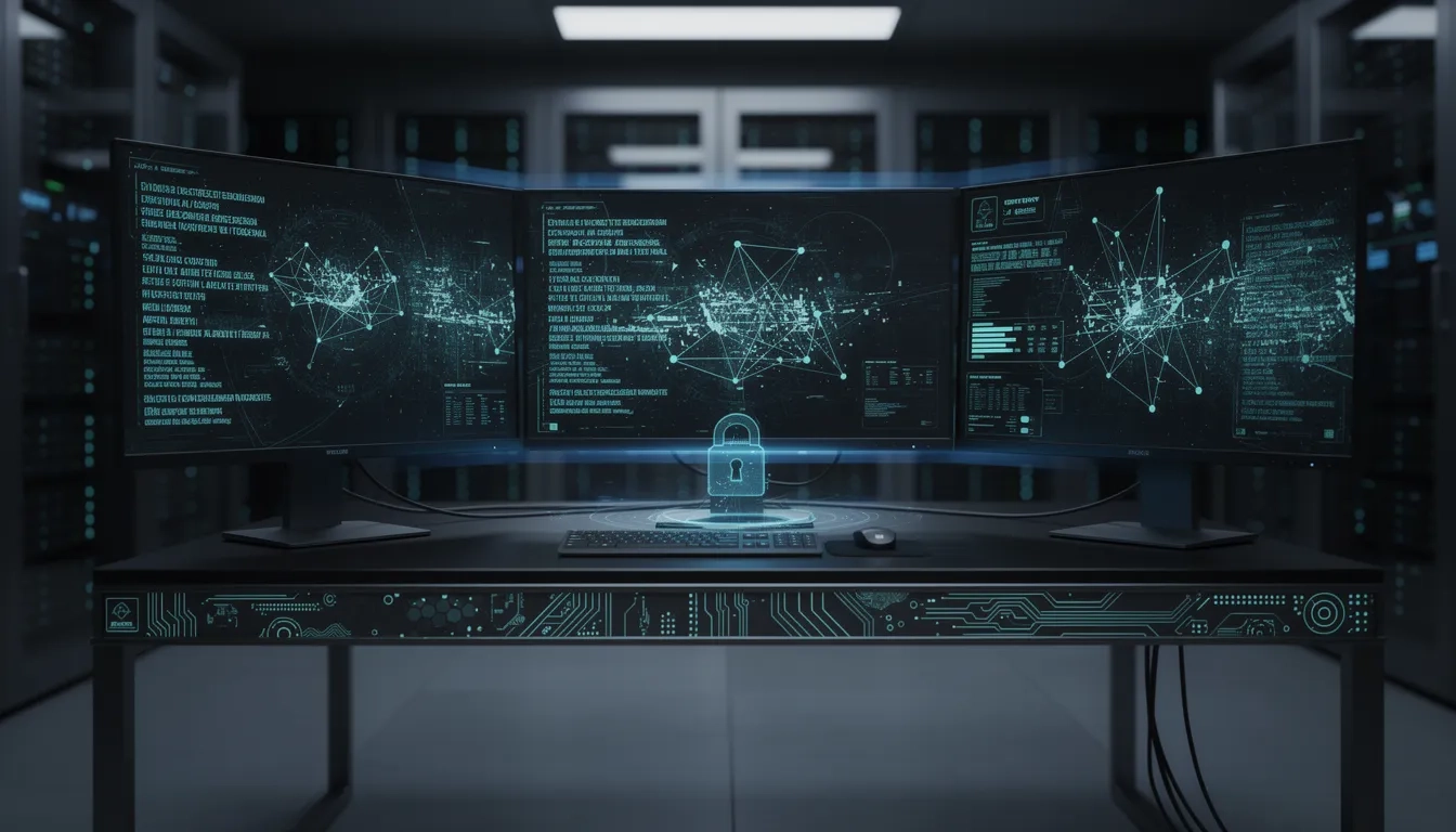 Dark tech workspace with glowing network security monitors representing cybersecurity education