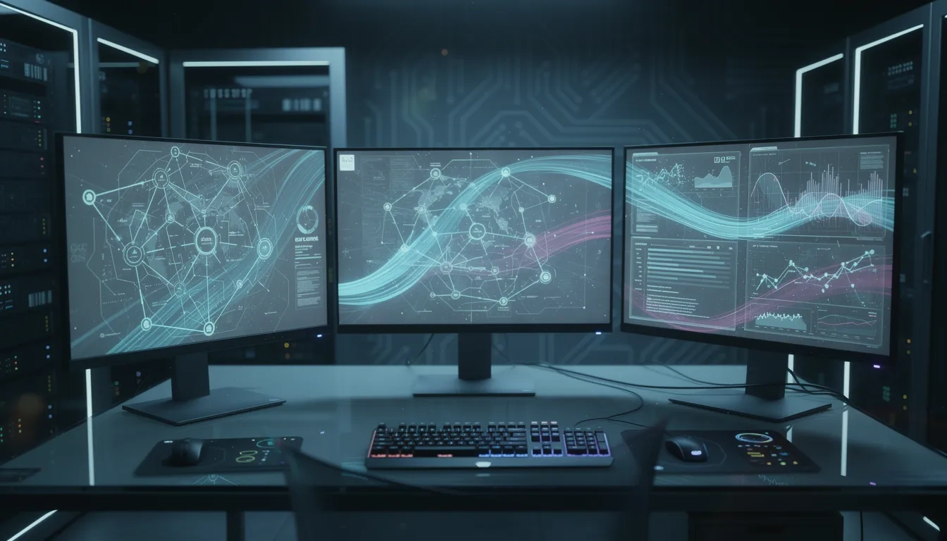 Cybersecurity operations center with glowing monitors displaying network data