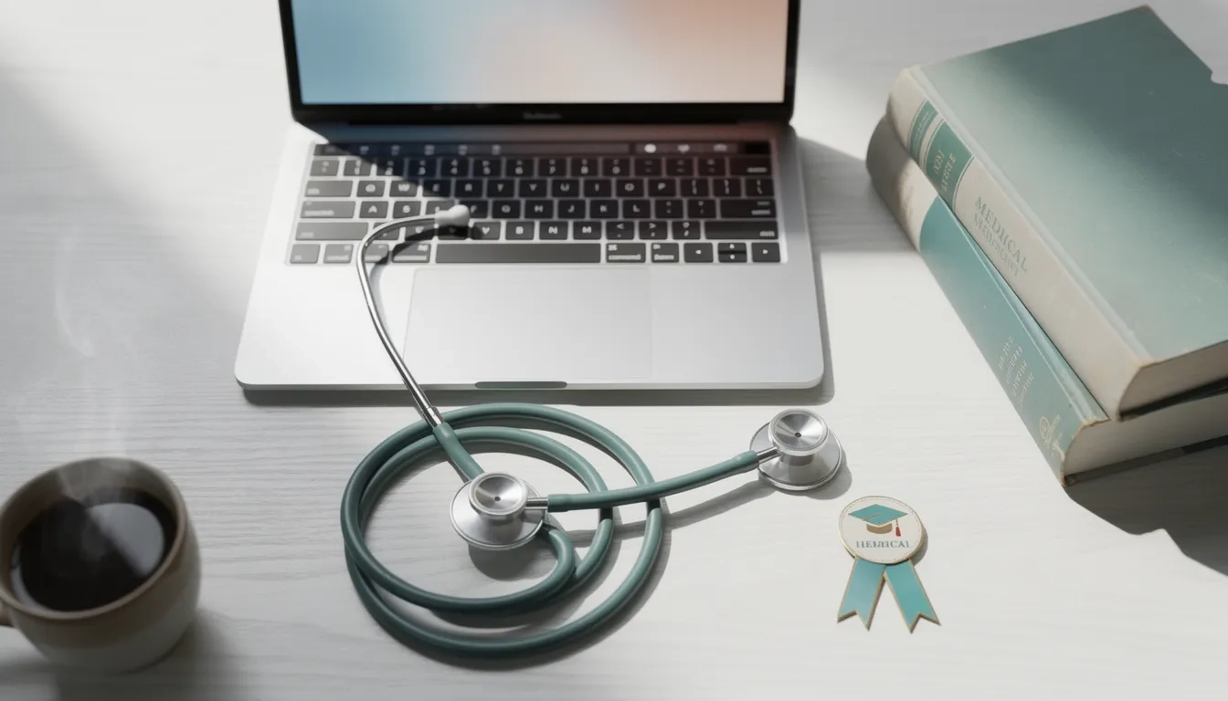 Stethoscope and laptop on a desk representing online nursing degree study