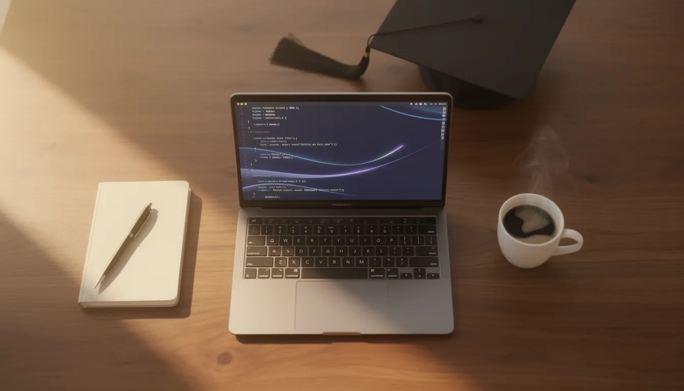 Laptop with code on screen next to a graduation cap and notebook on a wooden desk