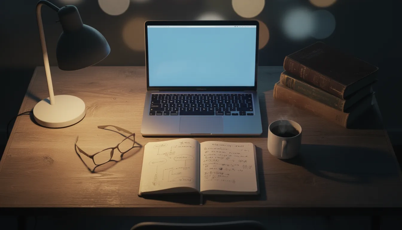 Laptop and study materials on a desk at night representing online graduate study
