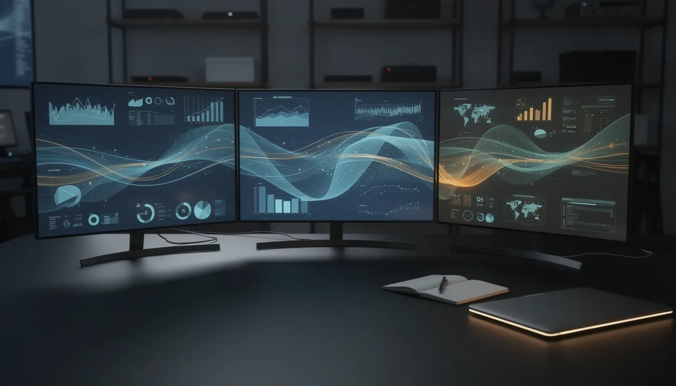 Modern workspace with glowing data analytics dashboards on multiple screens