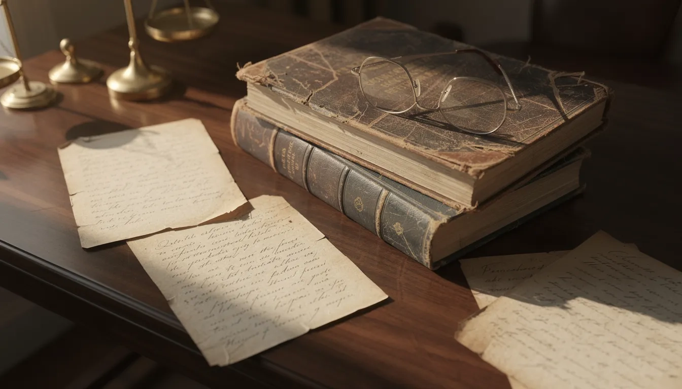 Stack of academic books and notes on a wooden desk bathed in warm light