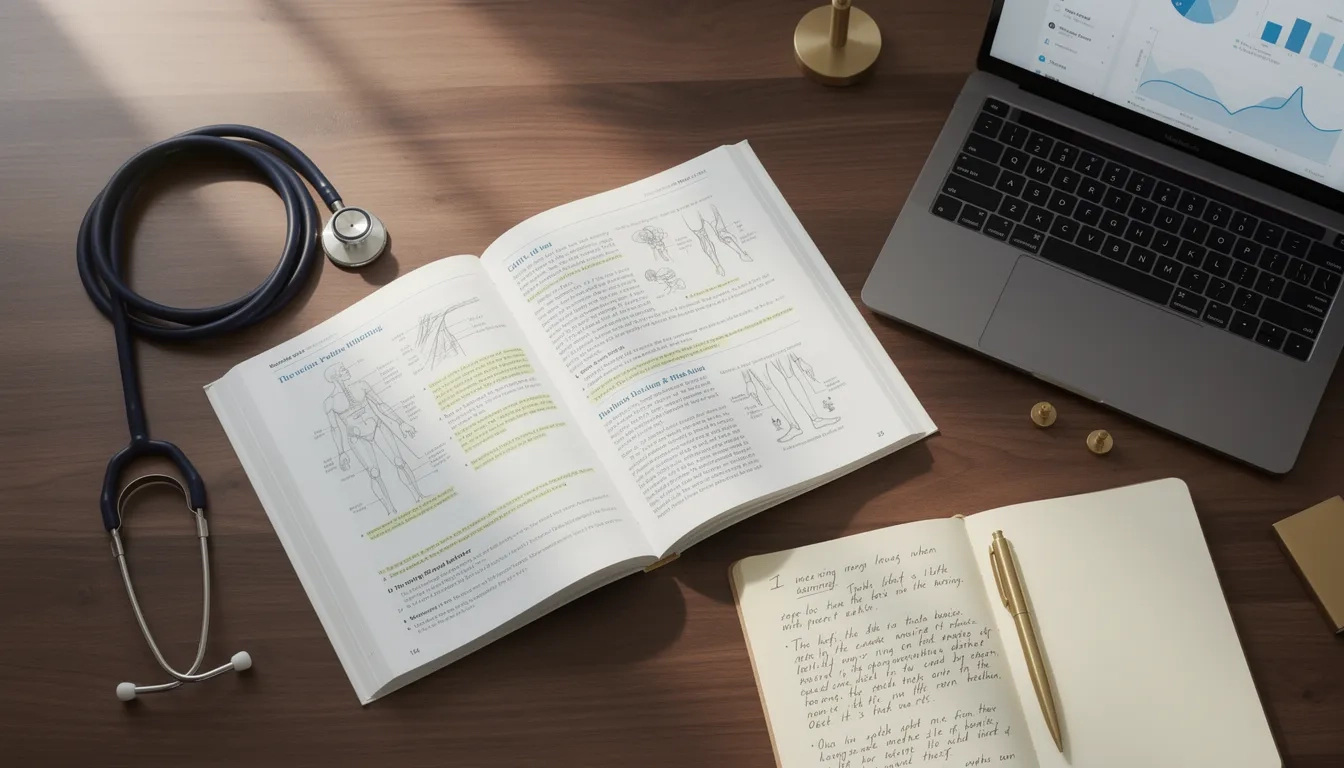 Flat-lay of nursing textbooks, a stethoscope, and a laptop on a desk representing online MSN study