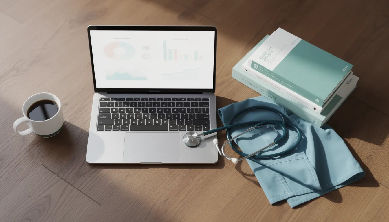 Laptop, stethoscope, and books arranged on a desk representing online nursing education