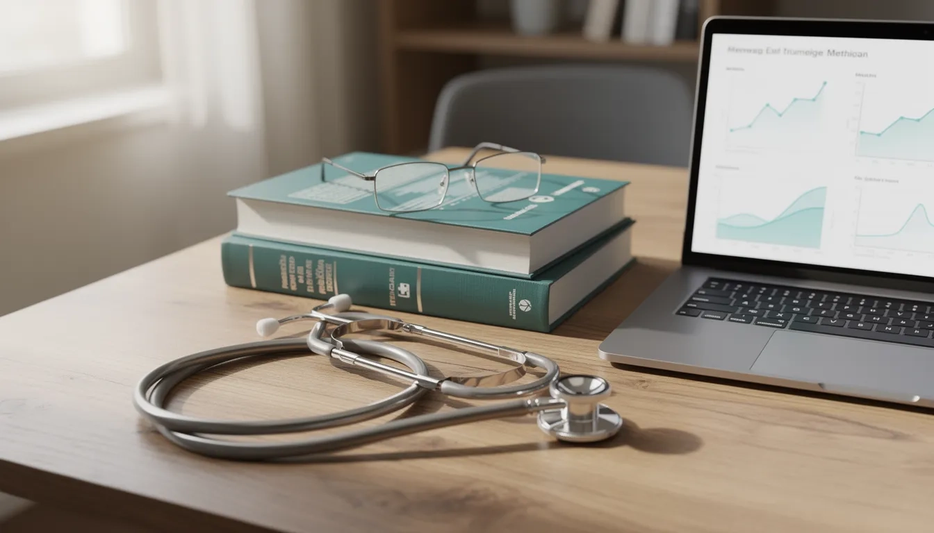Stethoscope, laptop, and medical books arranged on a desk representing online nursing career paths