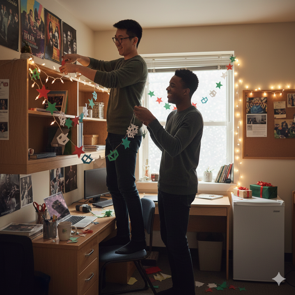 students decorating their dorm for the holidays