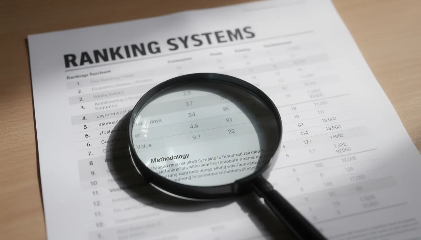 Magnifying glass over a ranked list illustrating scrutiny of OT program rankings methodology
