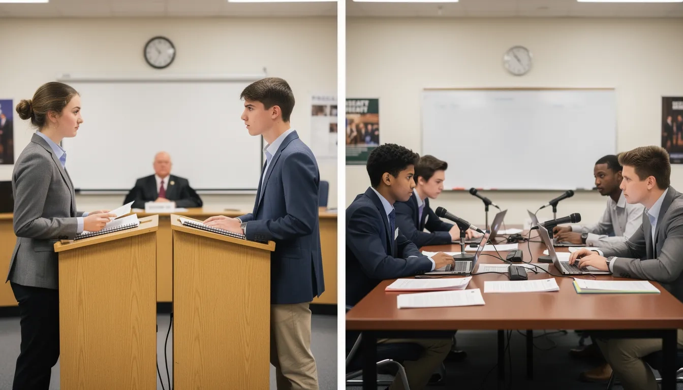 Two debate formats compared side by side — individual podium debate and team table debate