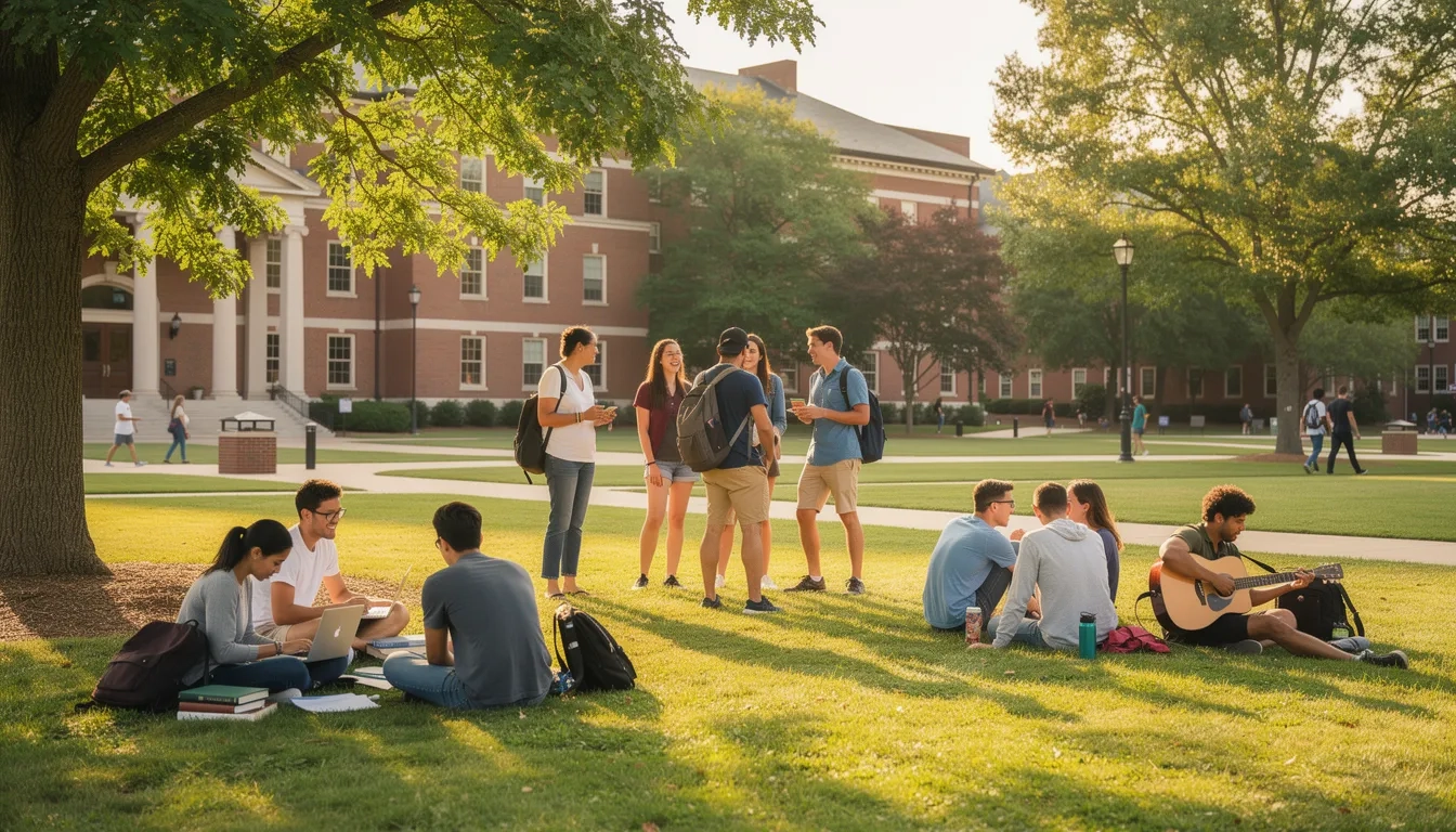 Students relaxing and socializing on a college quad on a sunny afternoon