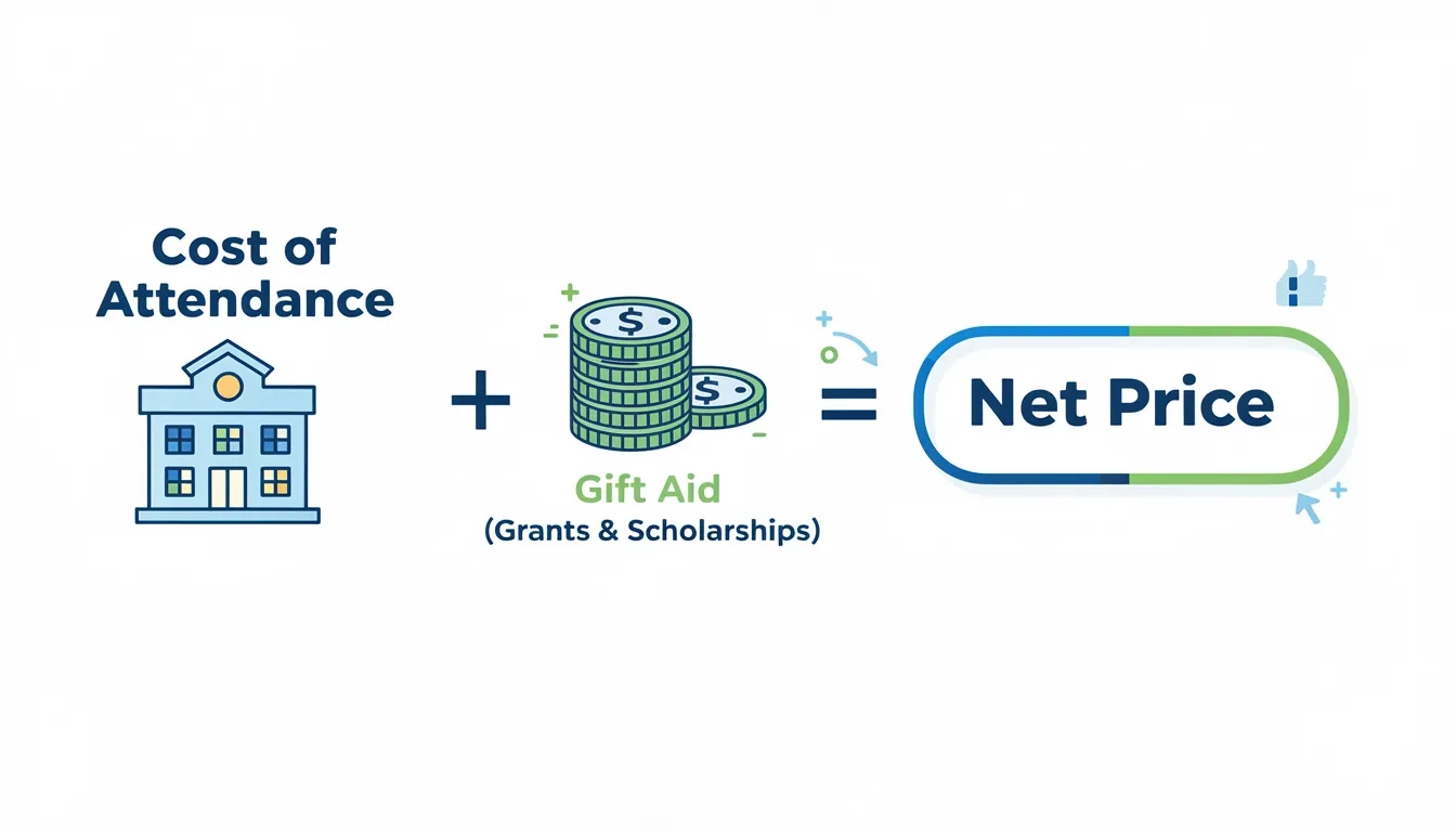 Diagram showing the net price formula: Cost of Attendance minus Gift Aid equals Net Price