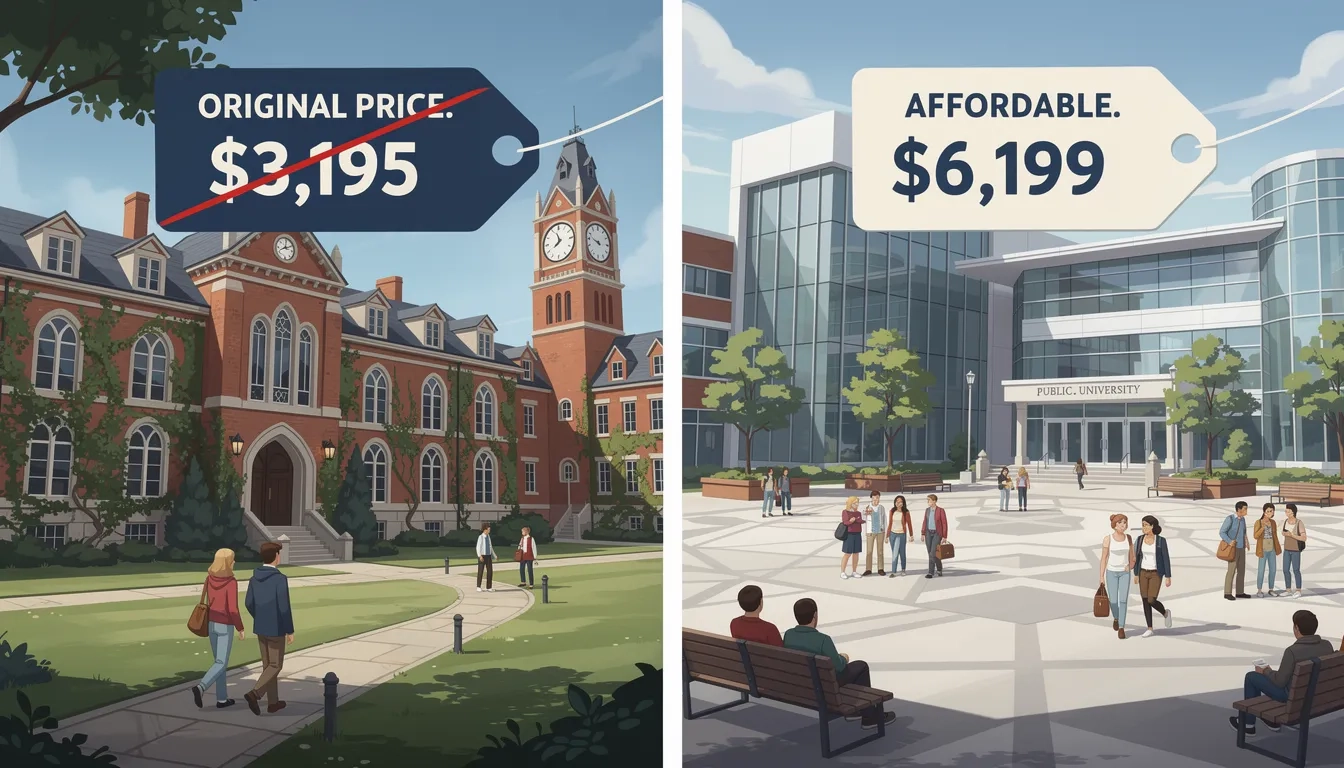 Side-by-side comparison of private and public university campuses with price tag graphics showing sticker price versus discounted price