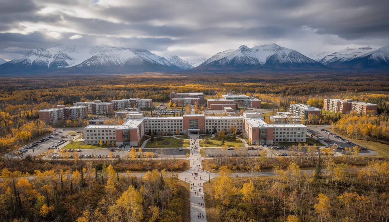 Aerial view of an Alaskan university campus surrounded by mountains and boreal forest