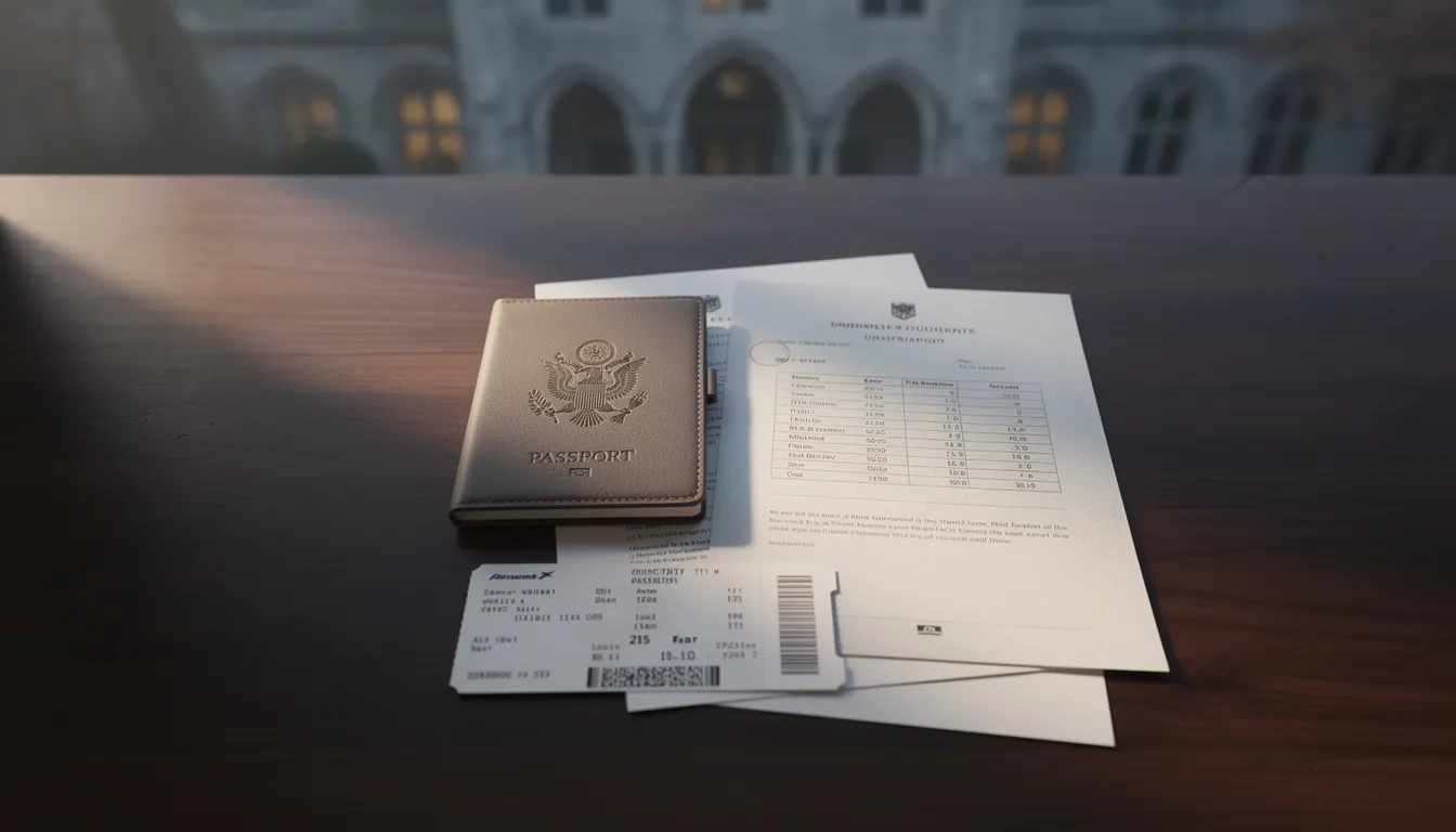 Passport and academic documents on a desk with a university building in the background