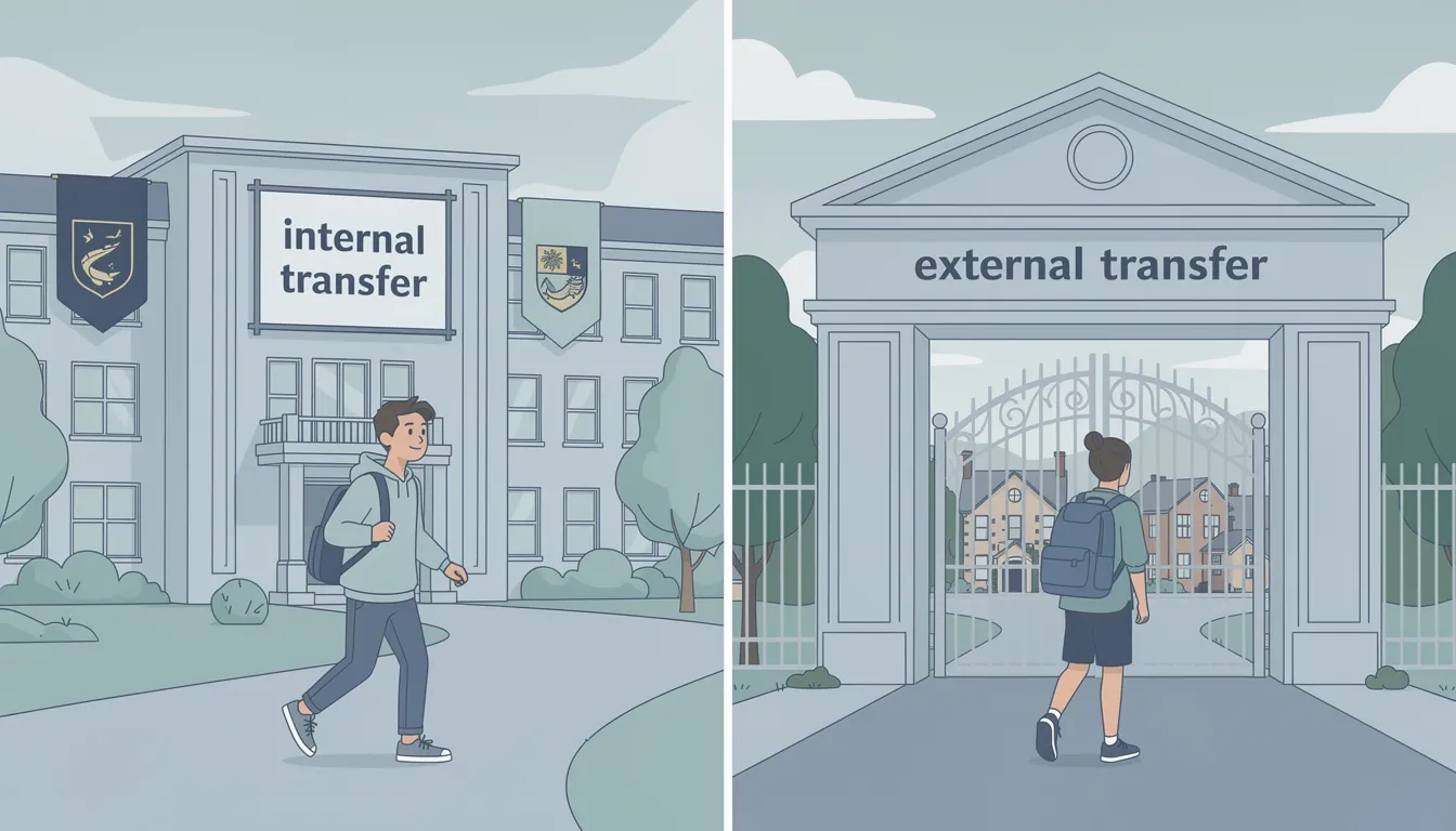 Two students taking different transfer paths — one internal, one external — toward competitive university programs
