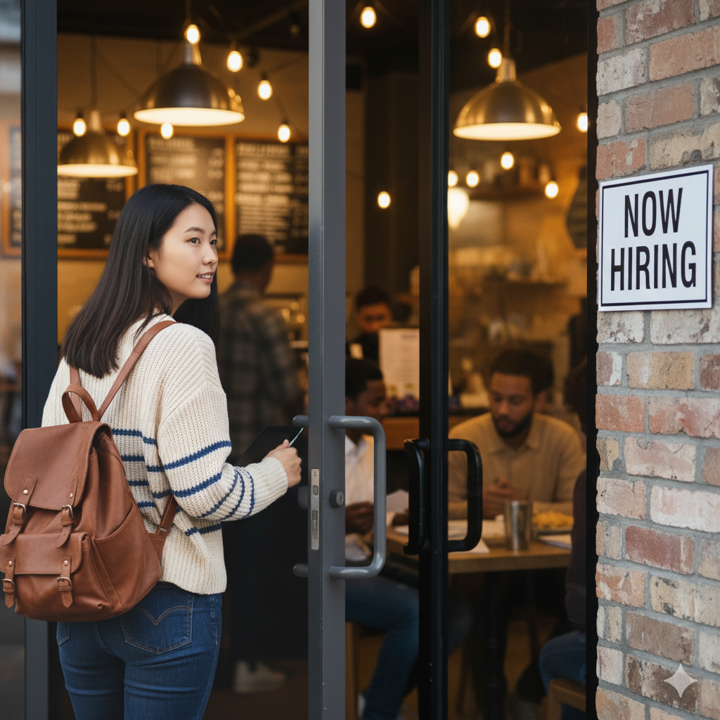 Student walking into a business that is hiring